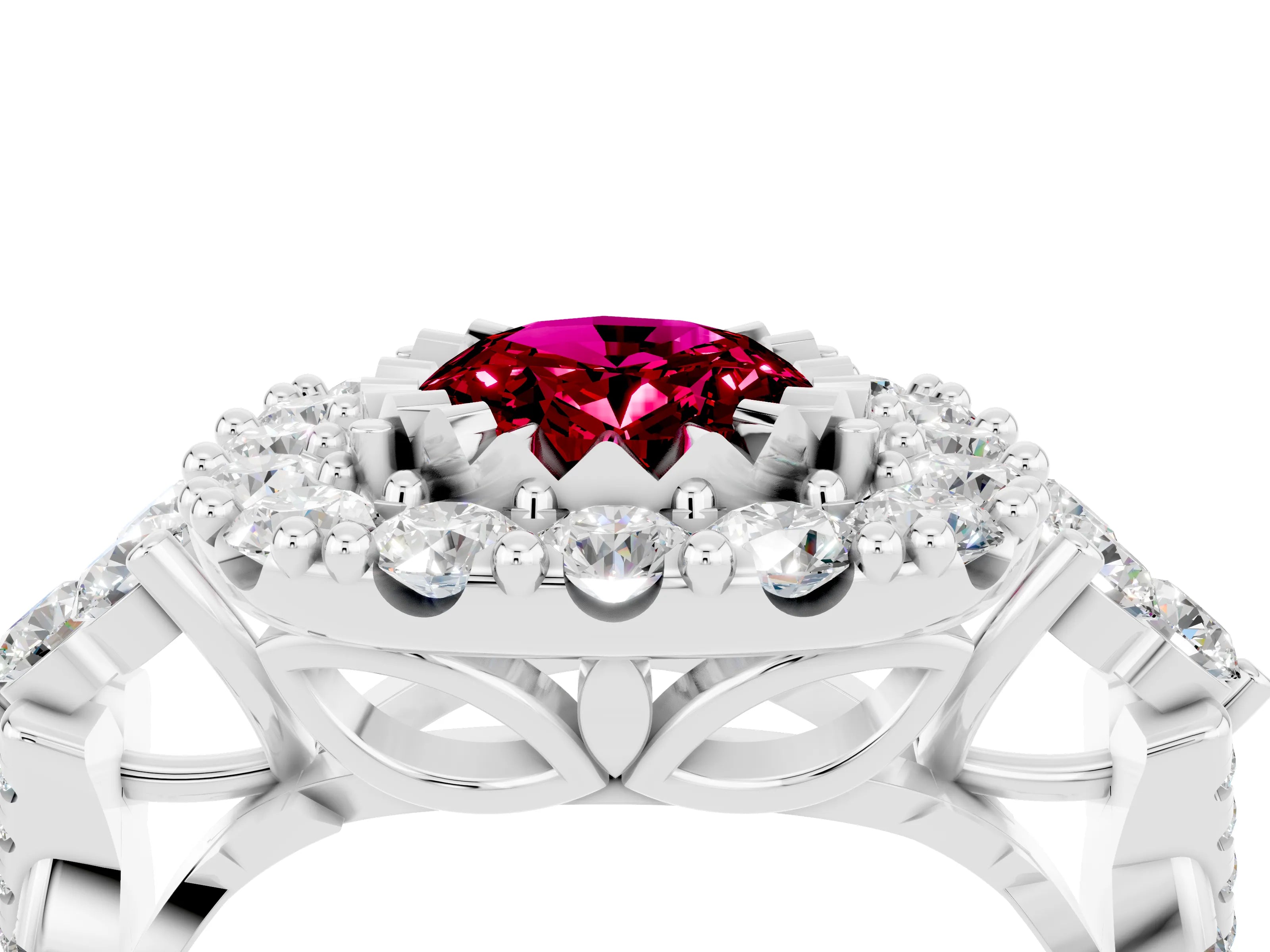 White gold Oval Cut Garnet Halo Ring with Pavé Band and Four-Prong Setting_40