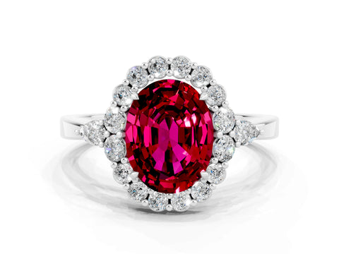 White gold Oval Cut Garnet Halo Ring with Pear Side Stones and Prong Setting_24