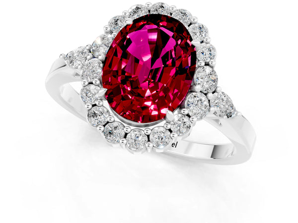 Platinum Oval Cut Garnet Halo Ring with Pear Side Stones and Prong Setting