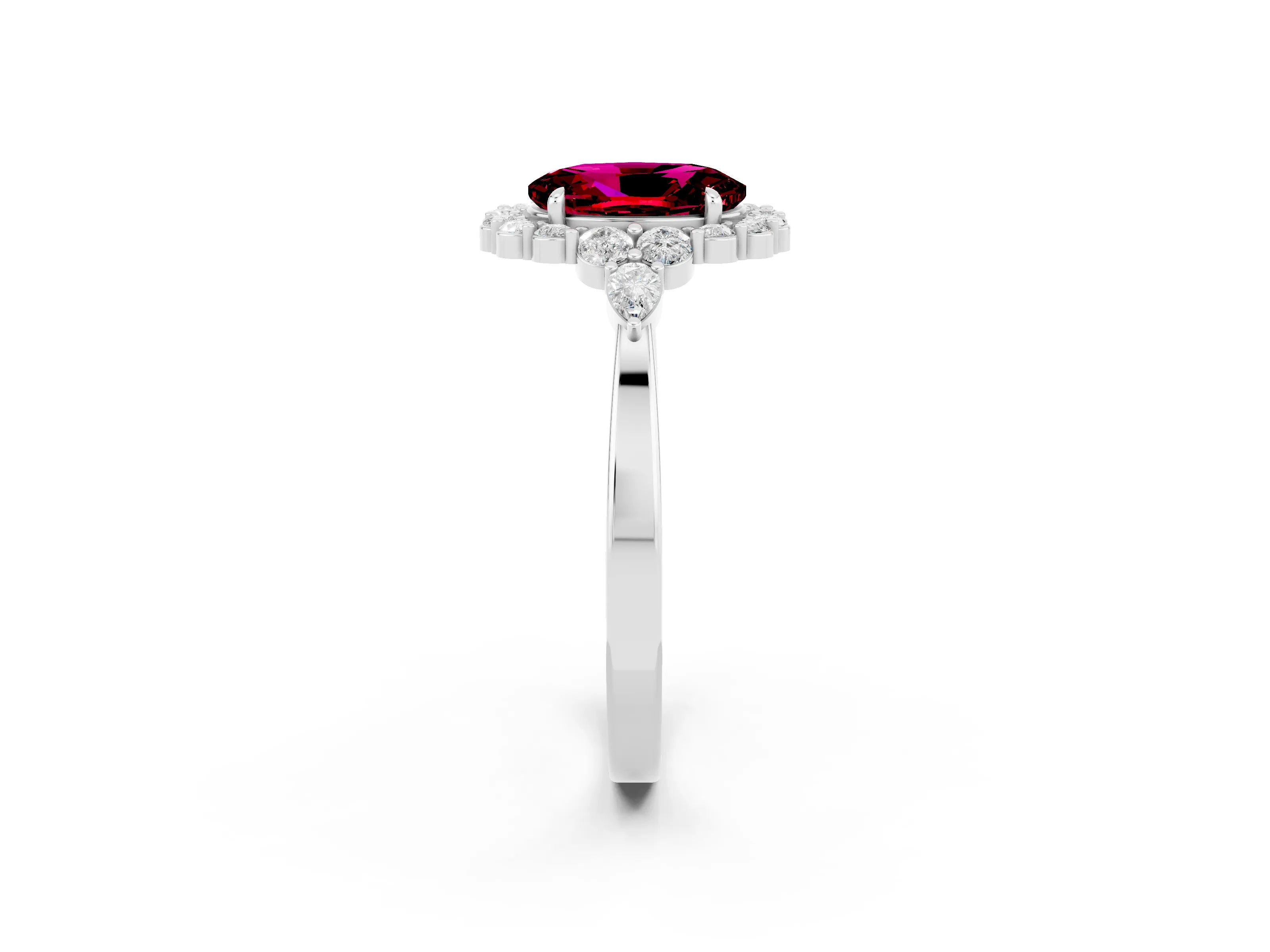 White gold Oval Cut Garnet Halo Ring with Pear Side Stones and Prong Setting_26