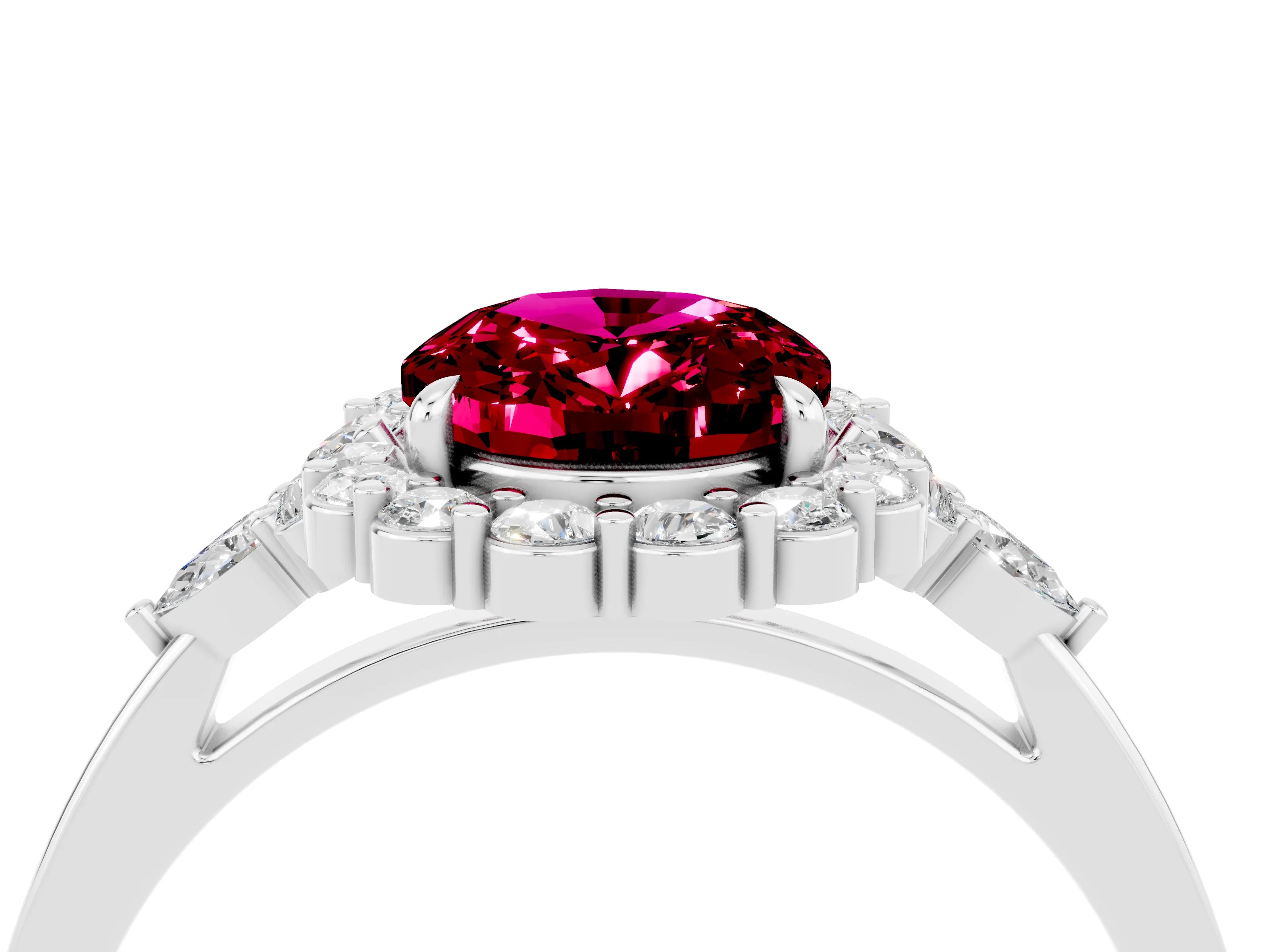 White gold Oval Cut Garnet Halo Ring with Pear Side Stones and Prong Setting_28