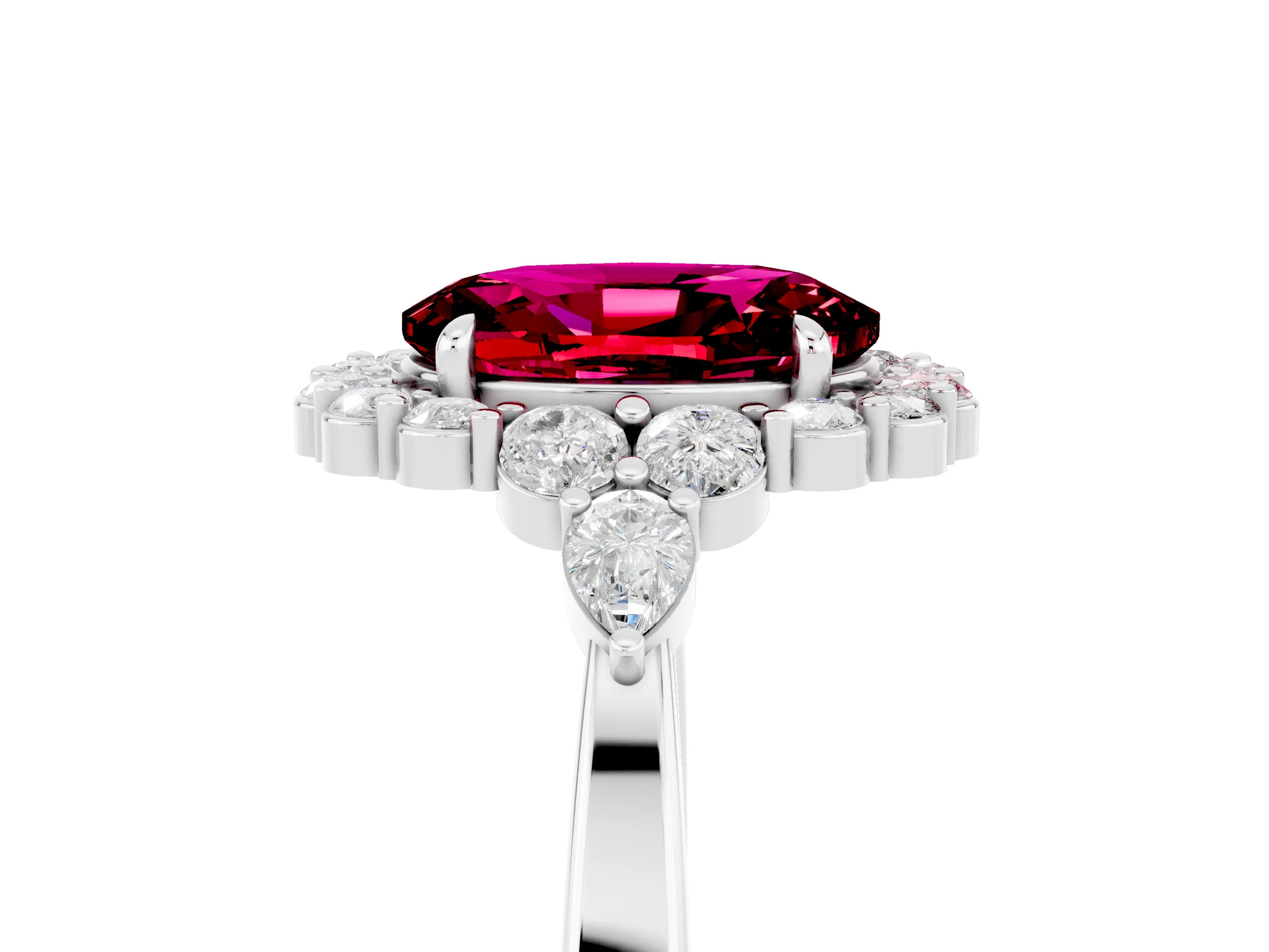White gold Oval Cut Garnet Halo Ring with Pear Side Stones and Prong Setting_29