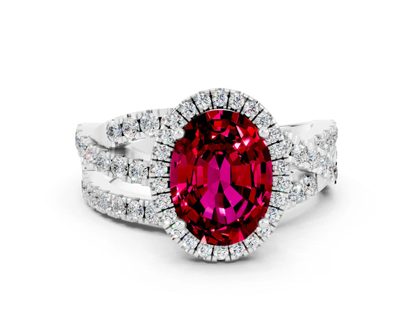 Platinum Oval Cut Garnet Halo Ring with Round Split Shank and Prong Setting