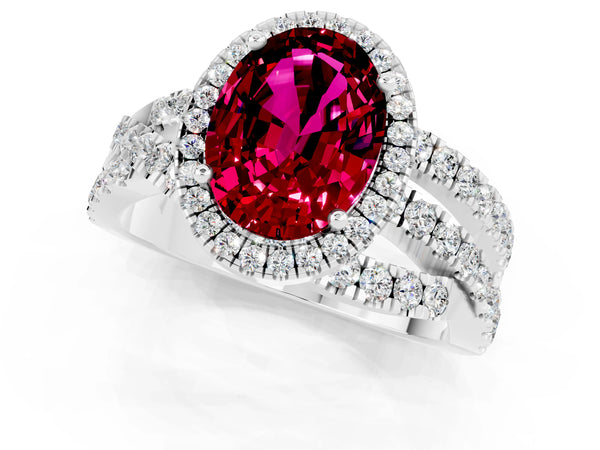 White gold Oval Cut Garnet Halo Ring with Round Split Shank and Prong Setting