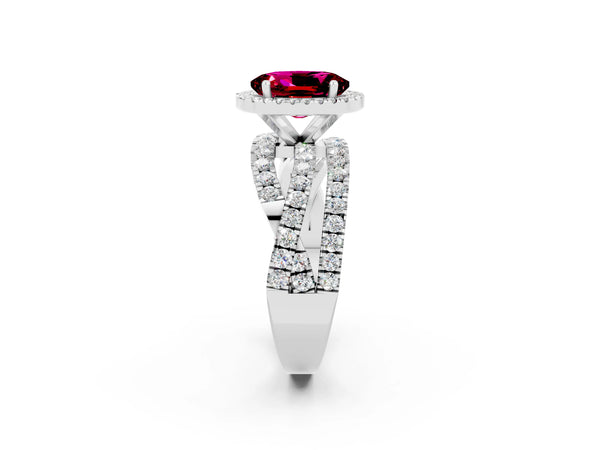 Platinum Oval Cut Garnet Halo Ring with Round Split Shank and Prong Setting