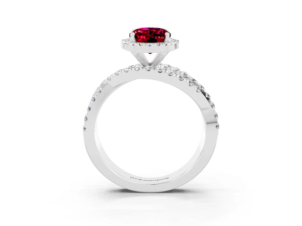 Silver Oval Cut Garnet Halo Ring with Round Split Shank and Prong Setting