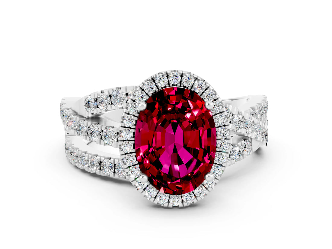 White gold Oval Cut Garnet Halo Ring with Round Split Shank and Prong Setting_66