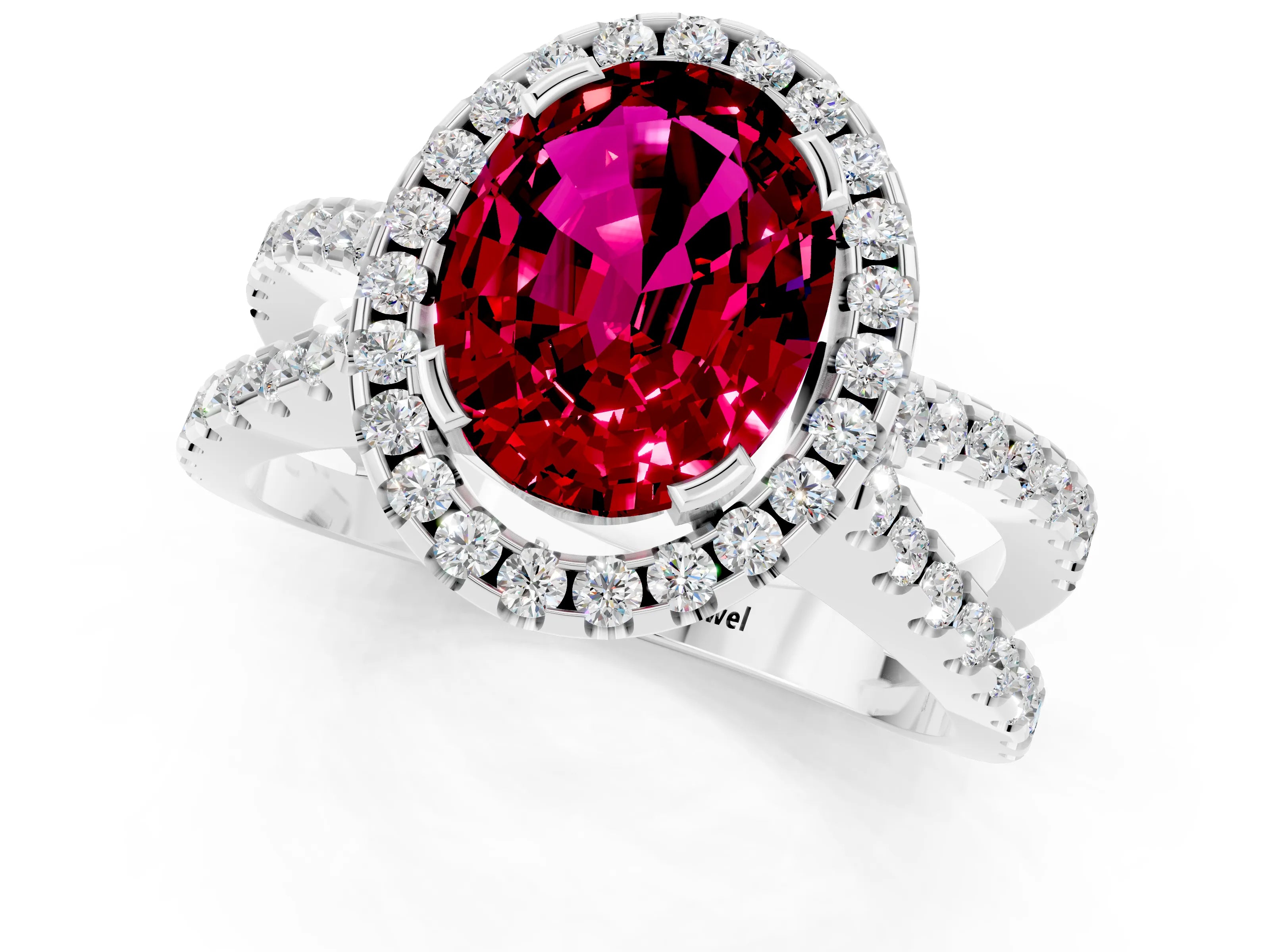 White gold Oval Cut Garnet Halo Ring with Split Shank Pavé Band and Prong Setting_1
