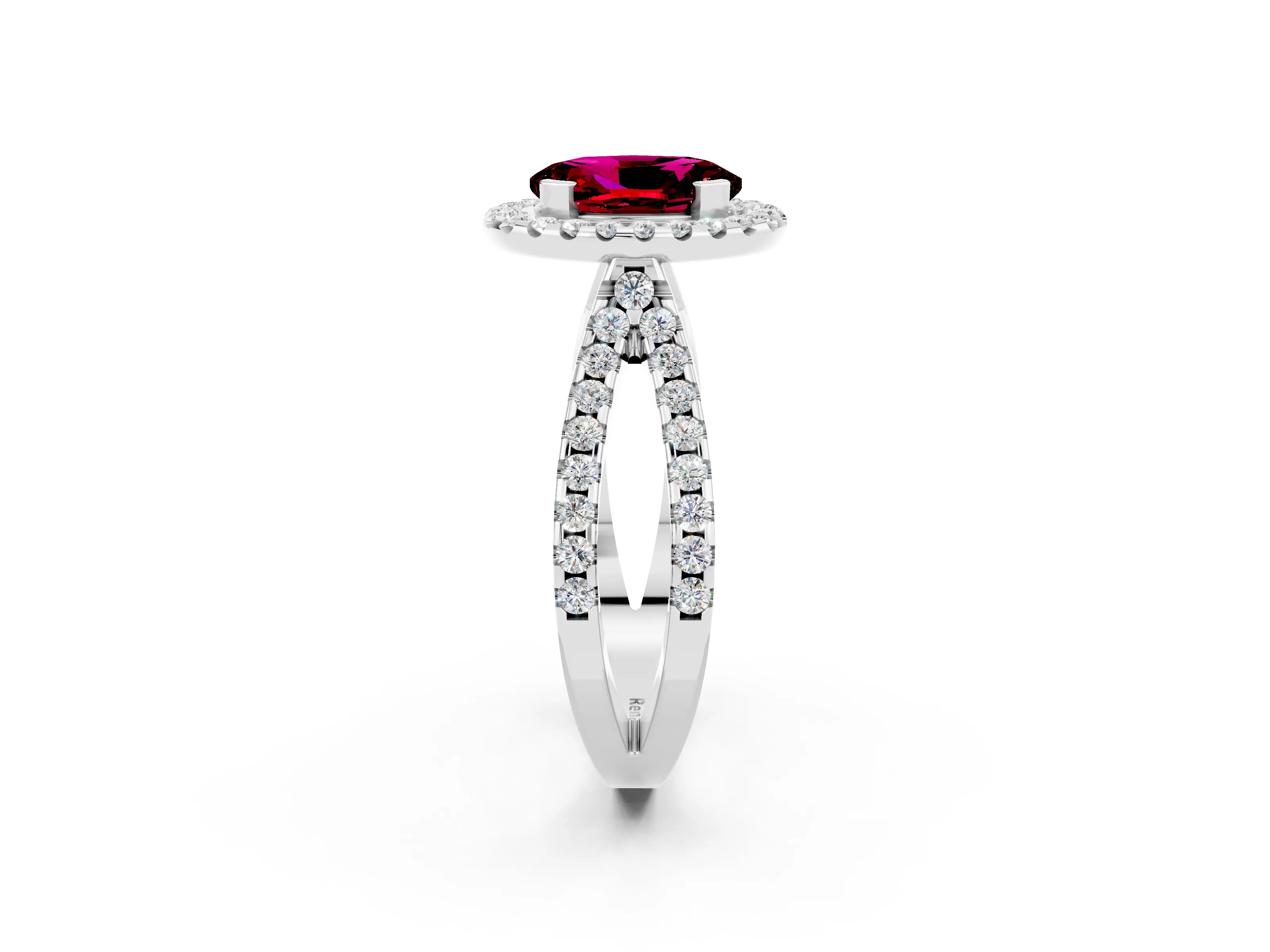 White gold Oval Cut Garnet Halo Ring with Split Shank Pavé Band and Prong Setting_2
