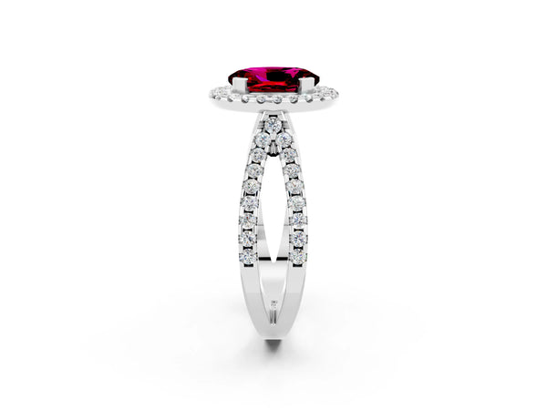 Platinum Oval Cut Garnet Halo Ring with Split Shank Pavé Band and Prong Setting