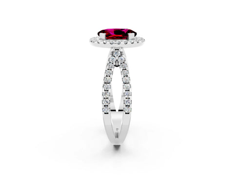 White gold Oval Cut Garnet Halo Ring with Split Shank Pavé Band and Prong Setting_2