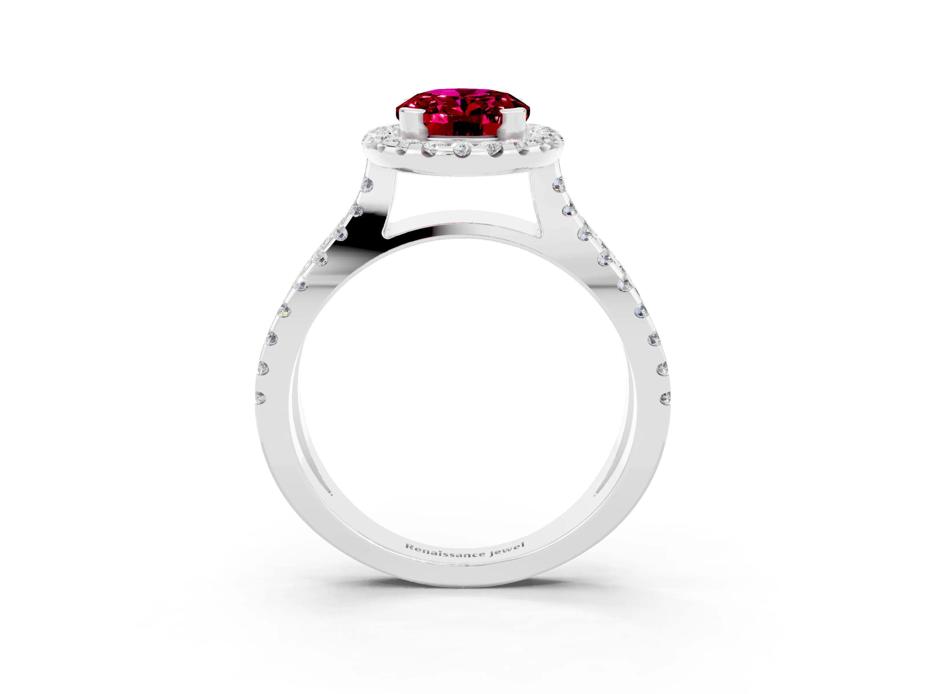 White gold Oval Cut Garnet Halo Ring with Split Shank Pavé Band and Prong Setting_3