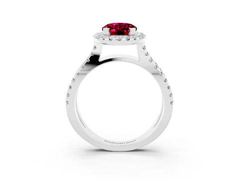 White gold Oval Cut Garnet Halo Ring with Split Shank Pavé Band and Prong Setting_3