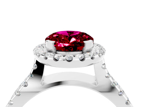 White gold Oval Cut Garnet Halo Ring with Split Shank Pavé Band and Prong Setting_4