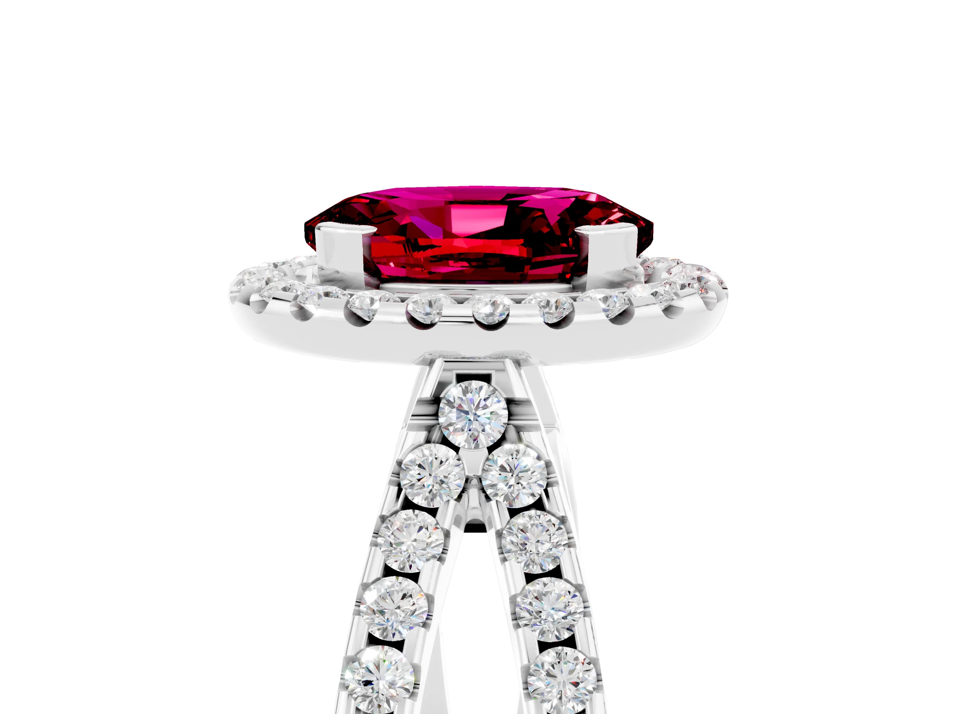 White gold Oval Cut Garnet Halo Ring with Split Shank Pavé Band and Prong Setting_5