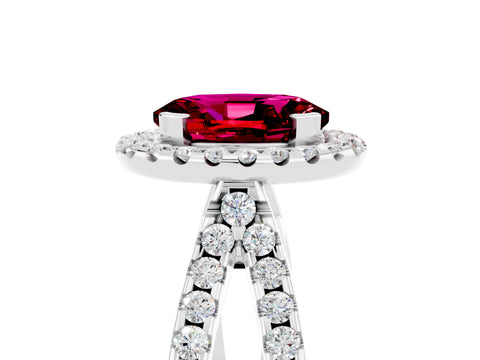 White gold Oval Cut Garnet Halo Ring with Split Shank Pavé Band and Prong Setting_5