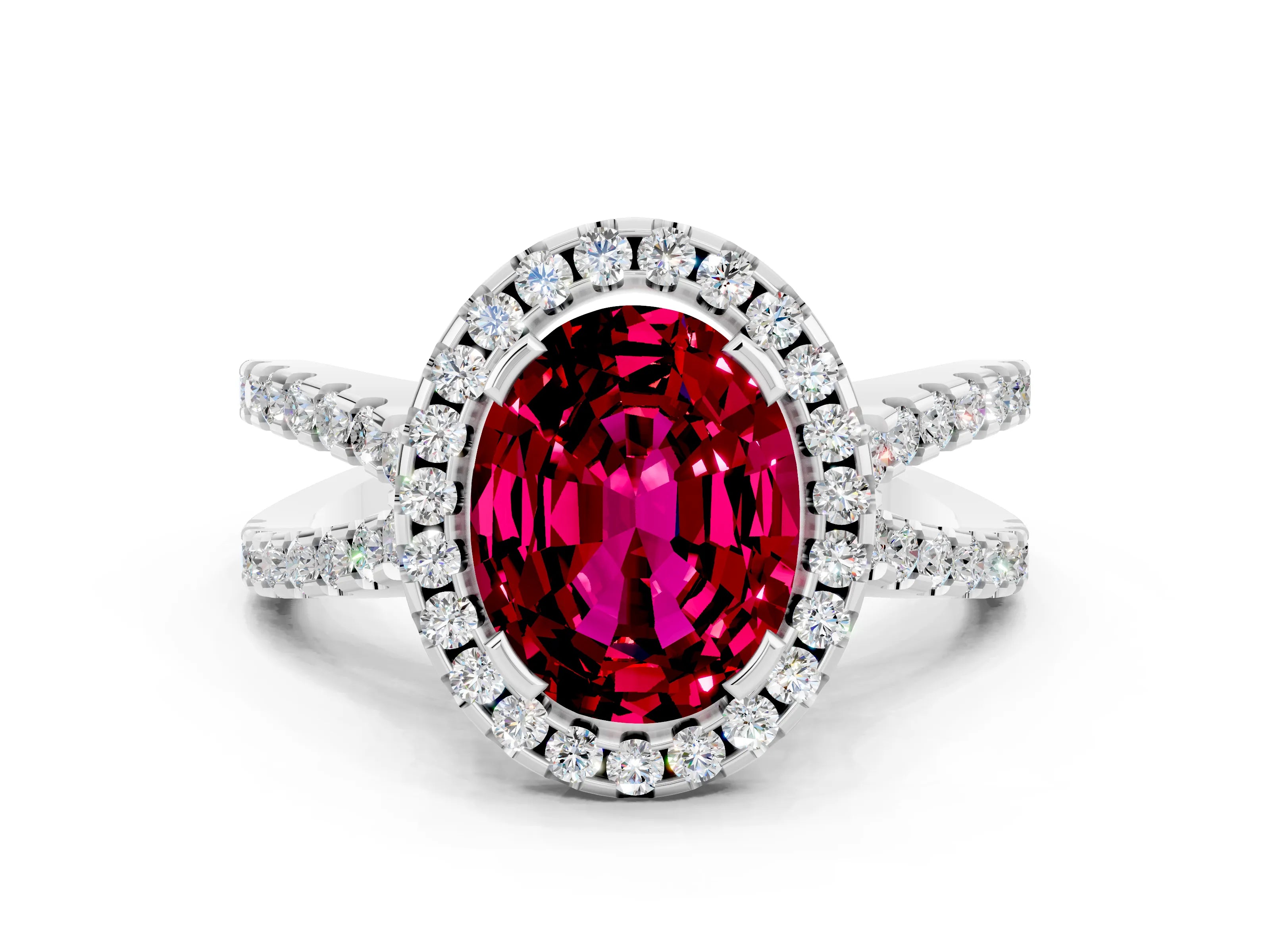 White gold Oval Cut Garnet Halo Ring with Split Shank Pavé Band and Prong Setting