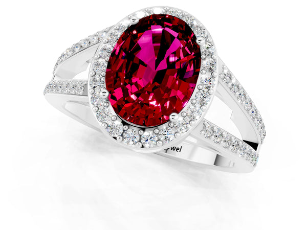 Silver Oval Cut Garnet Halo Ring with Split Shank U-Prong Band and Four-Prong Setting