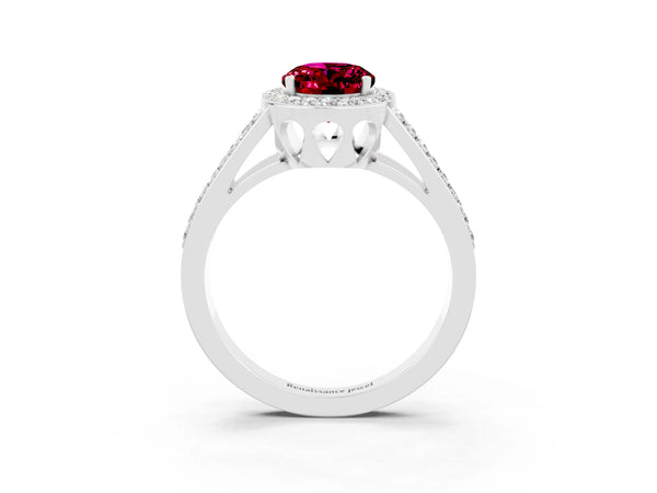 Platinum Oval Cut Garnet Halo Ring with Split Shank U-Prong Band and Four-Prong Setting