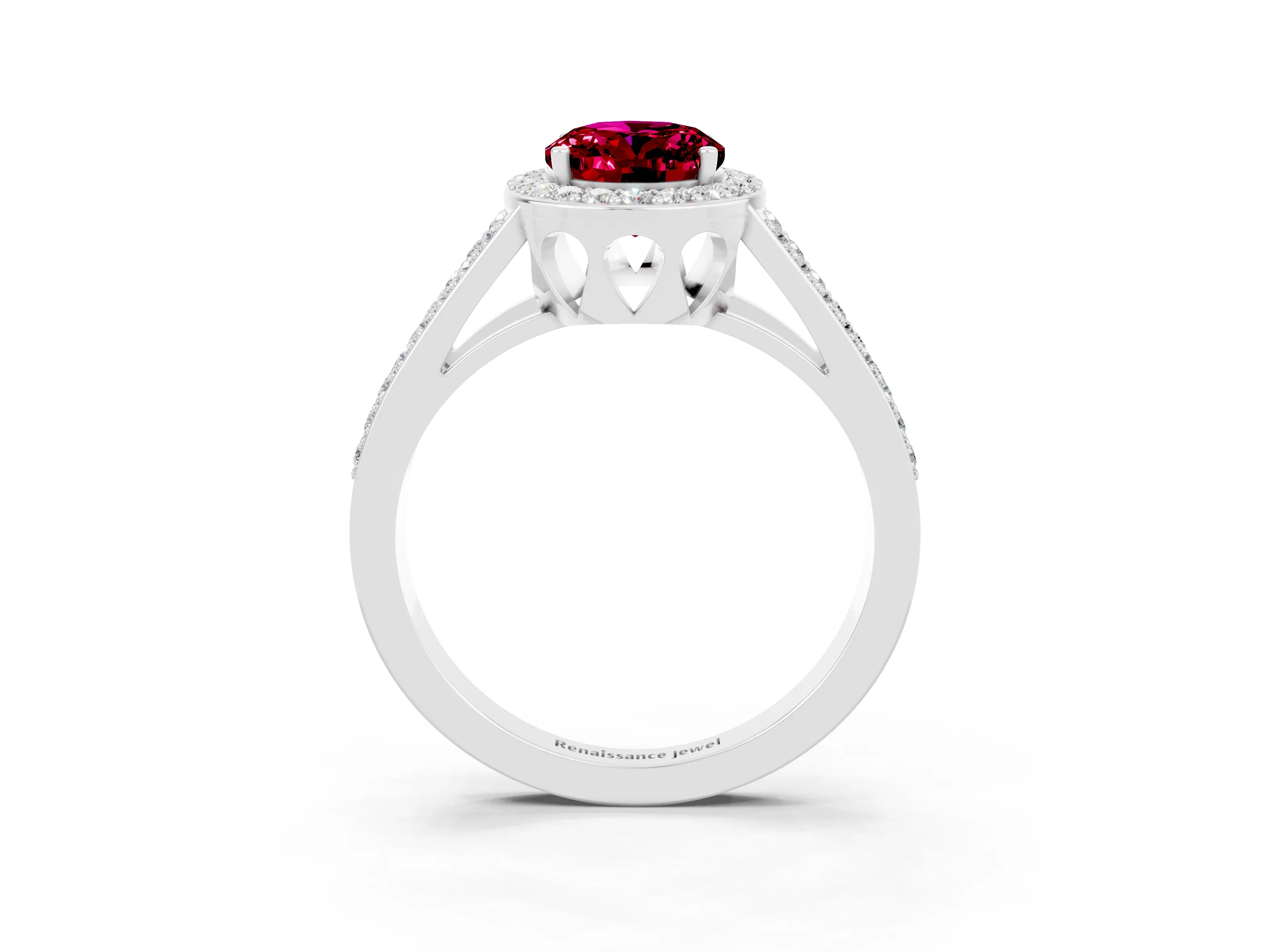 White gold Oval Cut Garnet Halo Ring with Split Shank U-Prong Band and Four-Prong Setting_3
