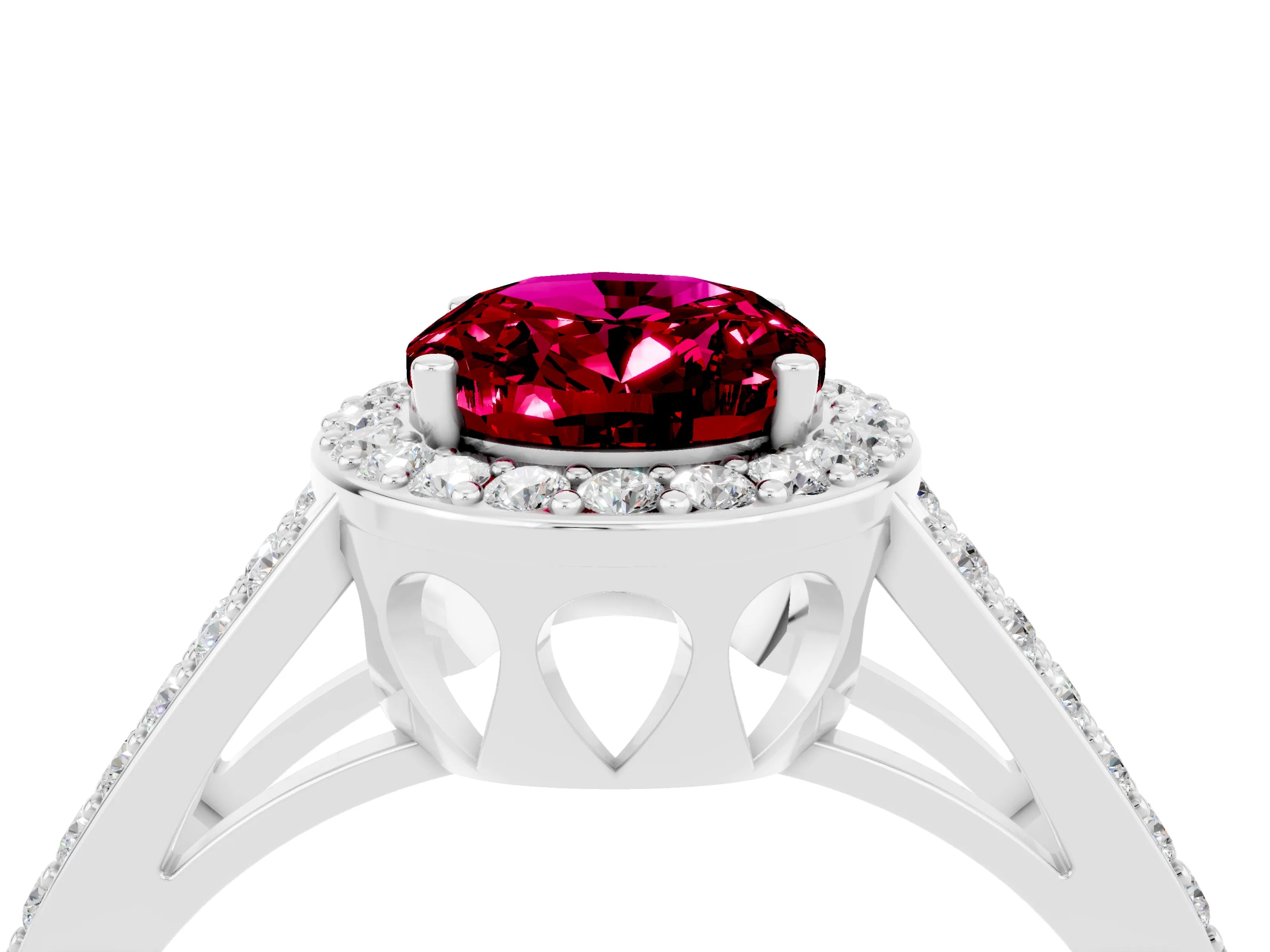 White gold Oval Cut Garnet Halo Ring with Split Shank U-Prong Band and Four-Prong Setting_4