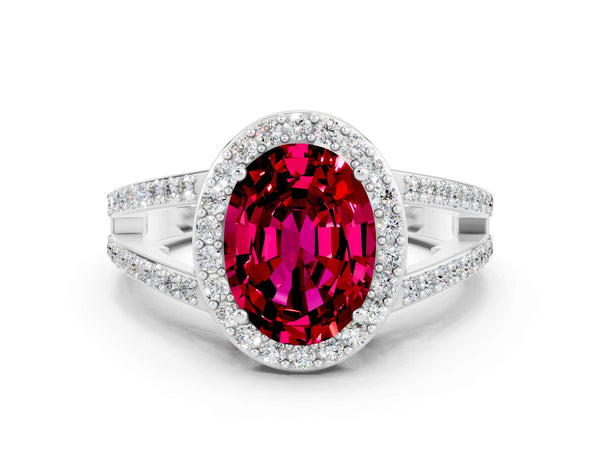White gold Oval Cut Garnet Halo Ring with Split Shank U-Prong Band and Four-Prong Setting