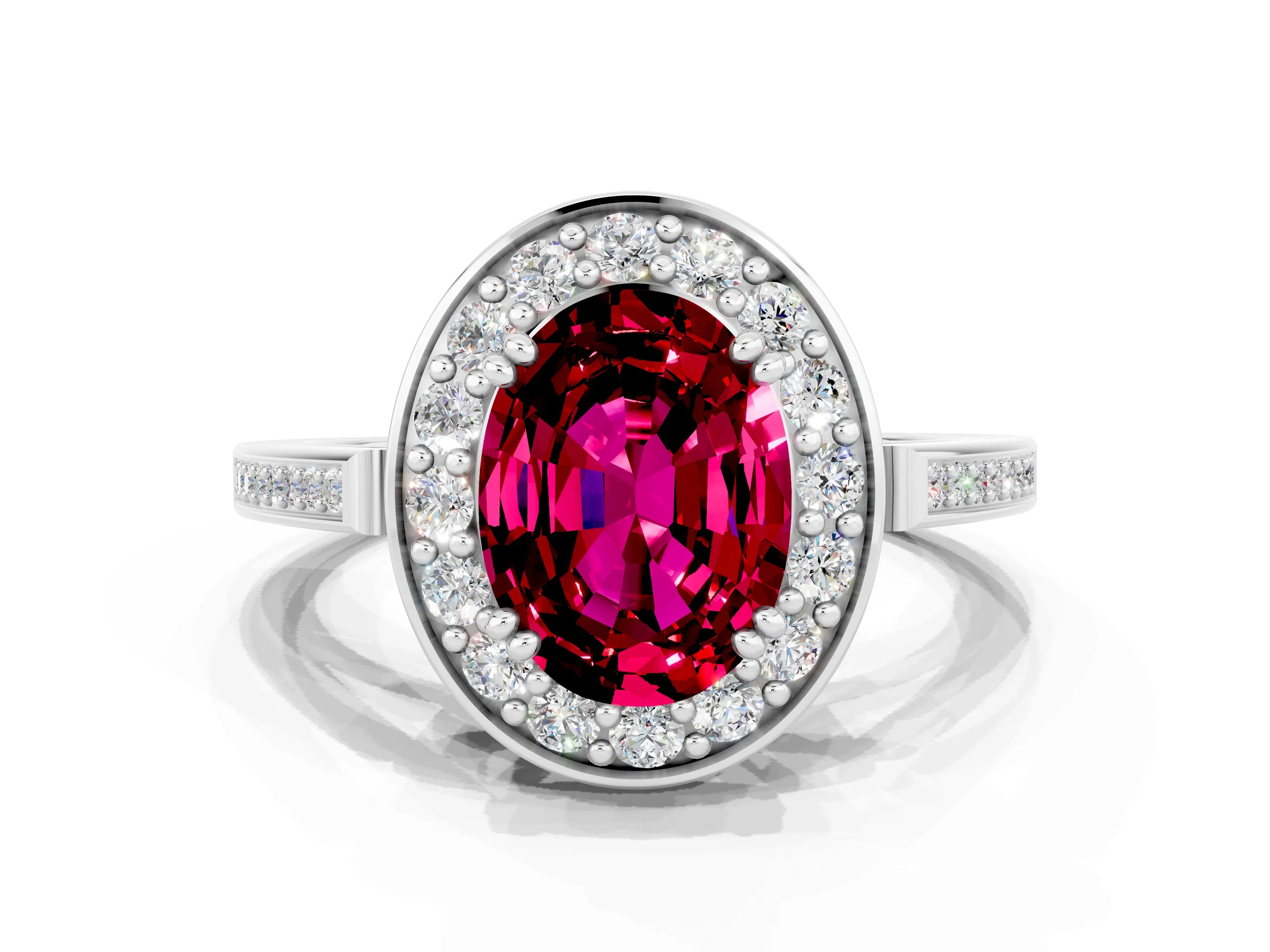 White gold Oval Cut Garnet Halo Ring with Split Shank and Four-Prong Setting