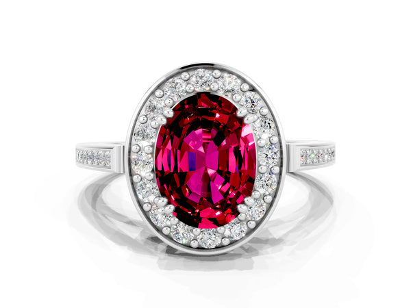 Platinum Oval Cut Garnet Halo Ring with Split Shank and Four-Prong Setting