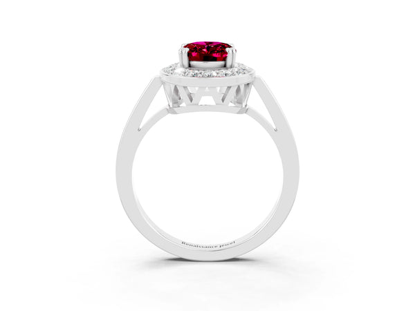 White gold Oval Cut Garnet Halo Ring with Split Shank and Four-Prong Setting