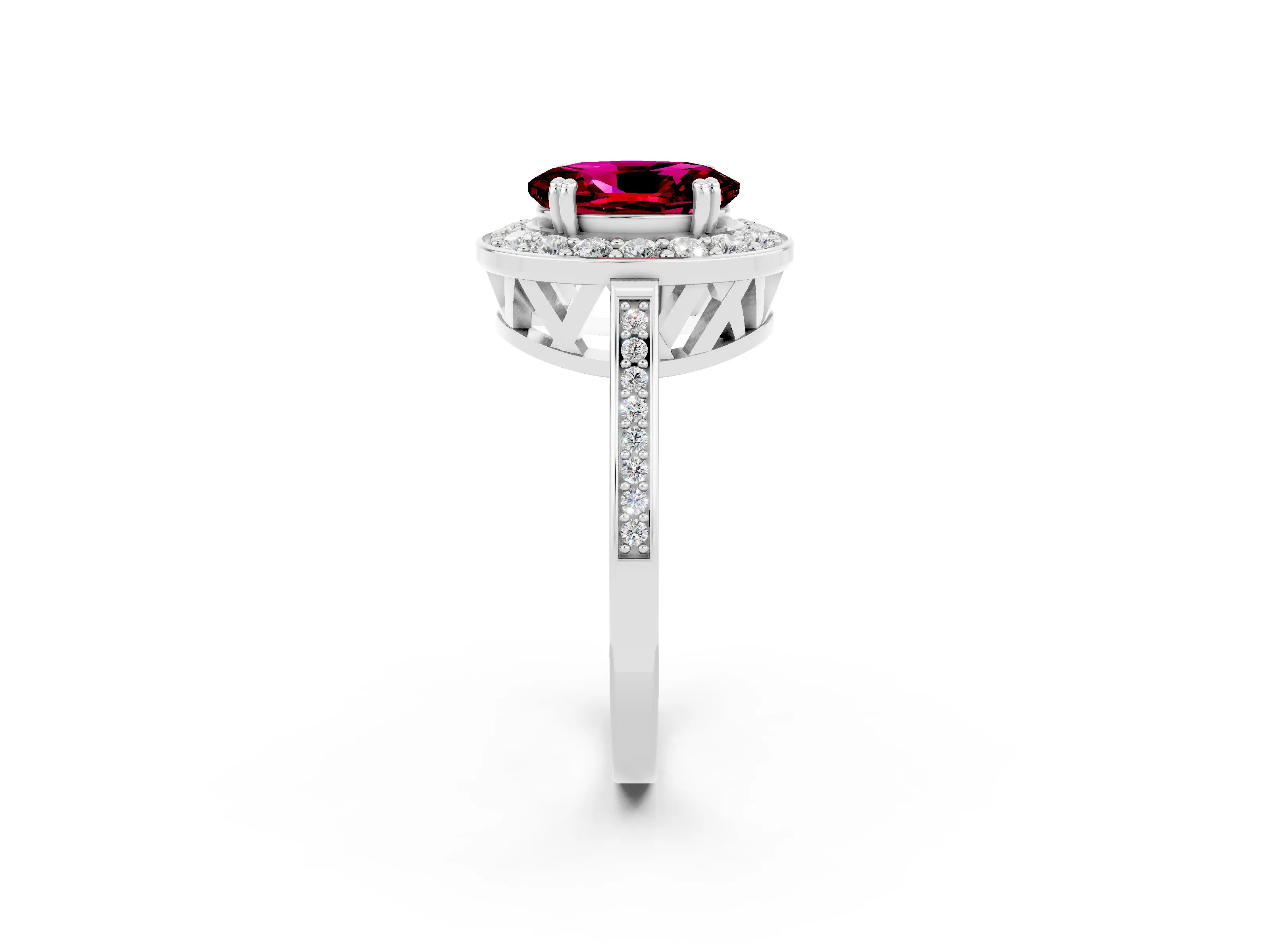 White gold Oval Cut Garnet Halo Ring with Split Shank and Four-Prong Setting_2
