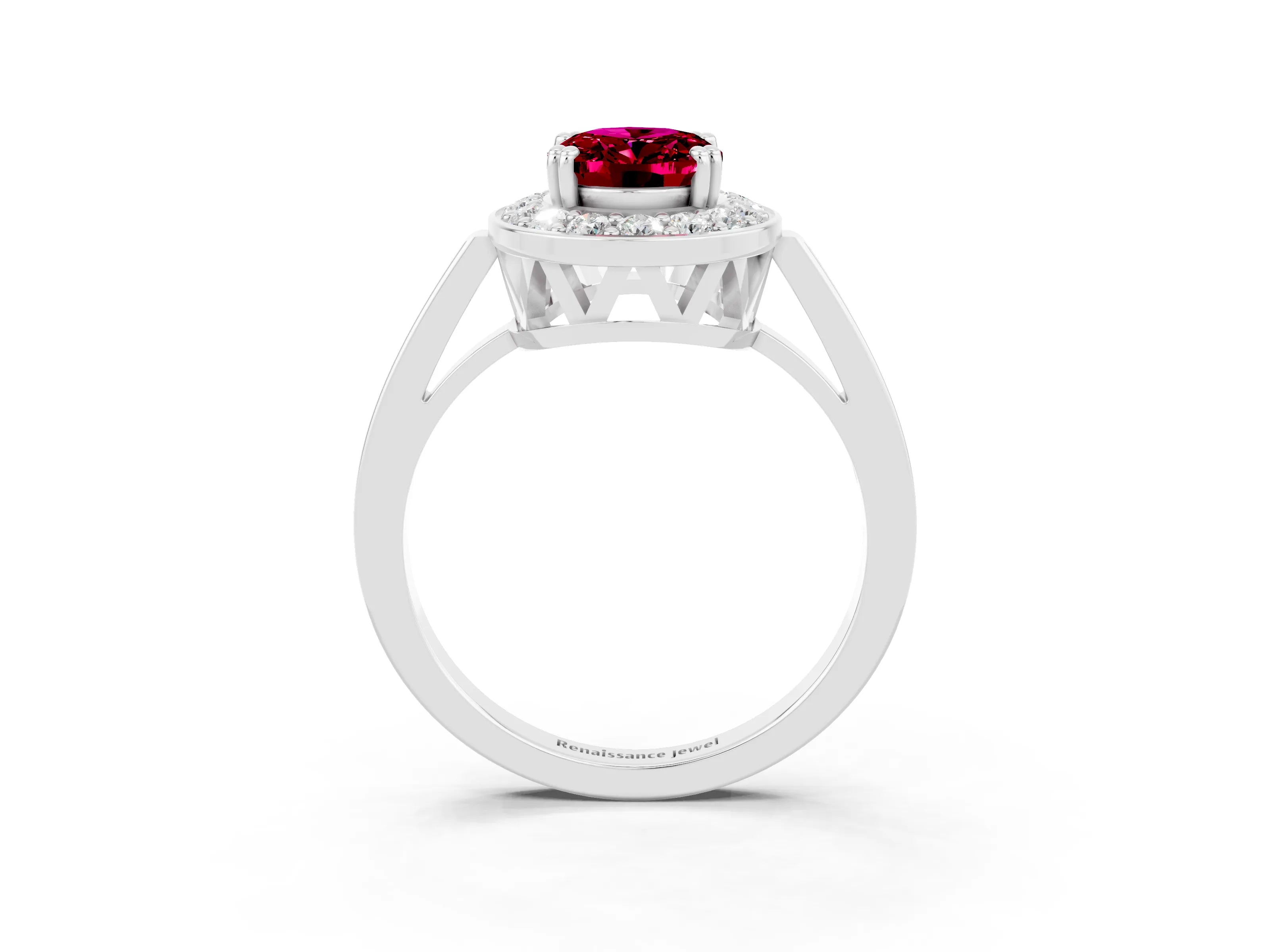 White gold Oval Cut Garnet Halo Ring with Split Shank and Four-Prong Setting_3