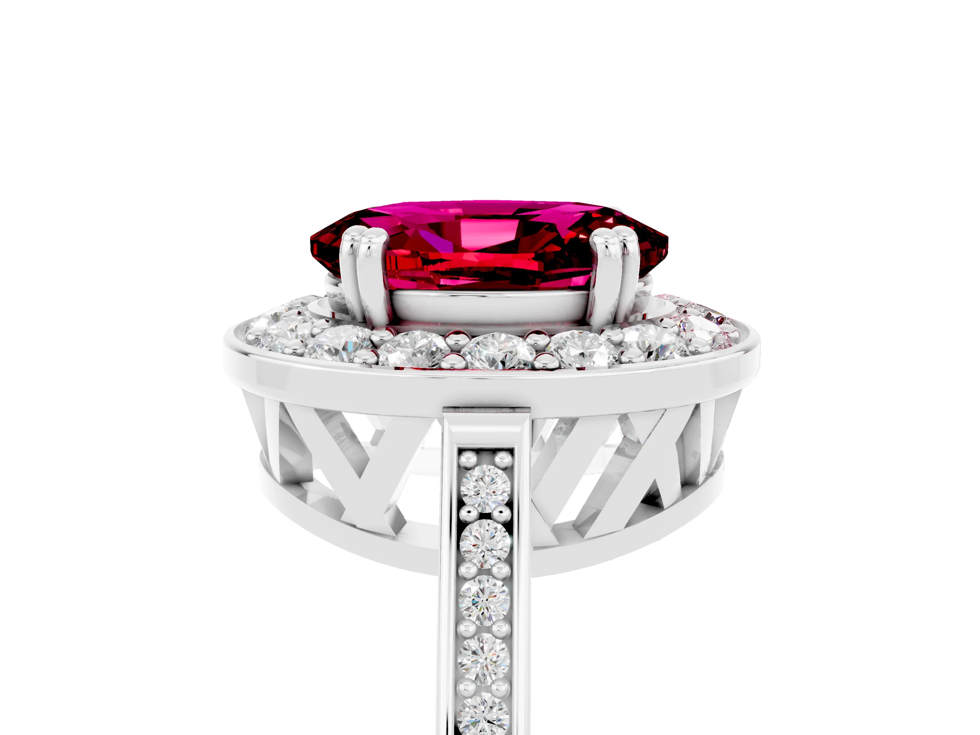 White gold Oval Cut Garnet Halo Ring with Split Shank and Four-Prong Setting_5