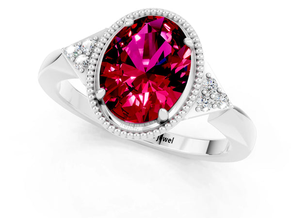 Platinum Oval Cut Garnet Halo Ring with Tapered Band and Four-Prong Setting