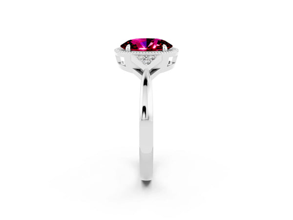 Silver Oval Cut Garnet Halo Ring with Tapered Band and Four-Prong Setting