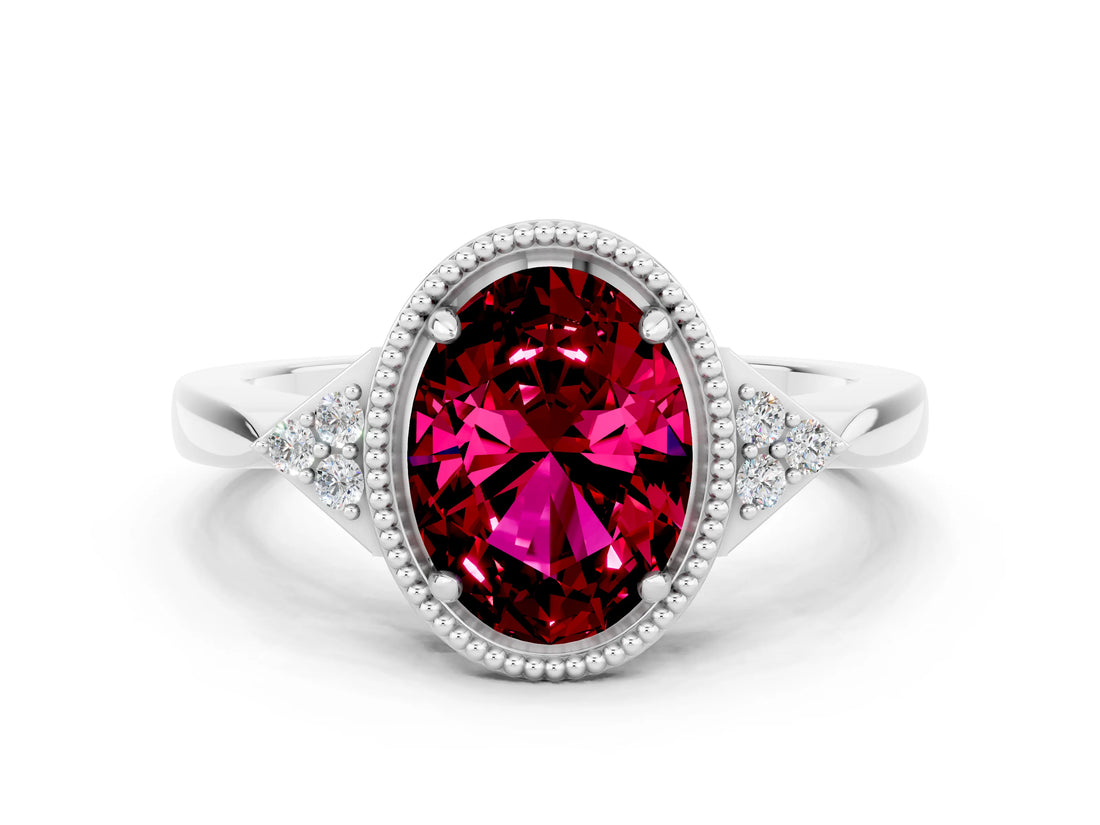 White gold Oval Cut Garnet Halo Ring with Tapered Band and Four-Prong Setting