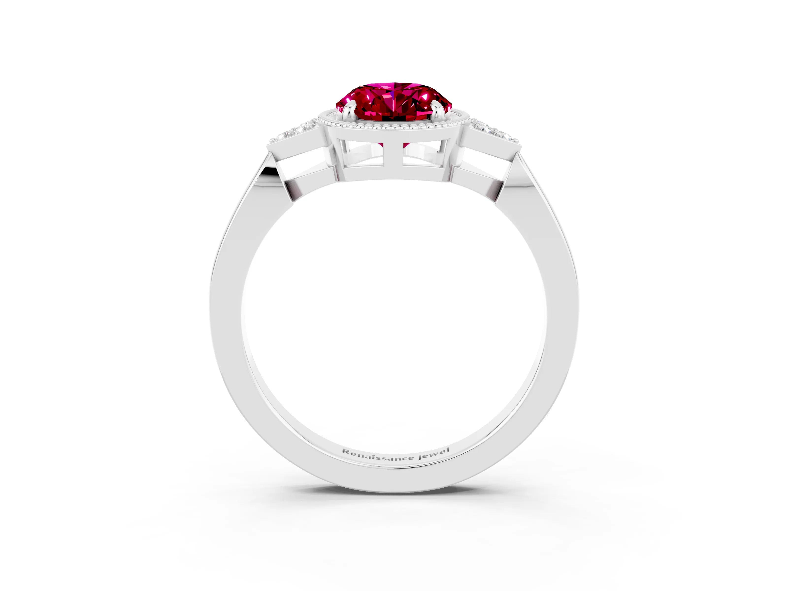 White gold Oval Cut Garnet Halo Ring with Tapered Band and Four-Prong Setting_3
