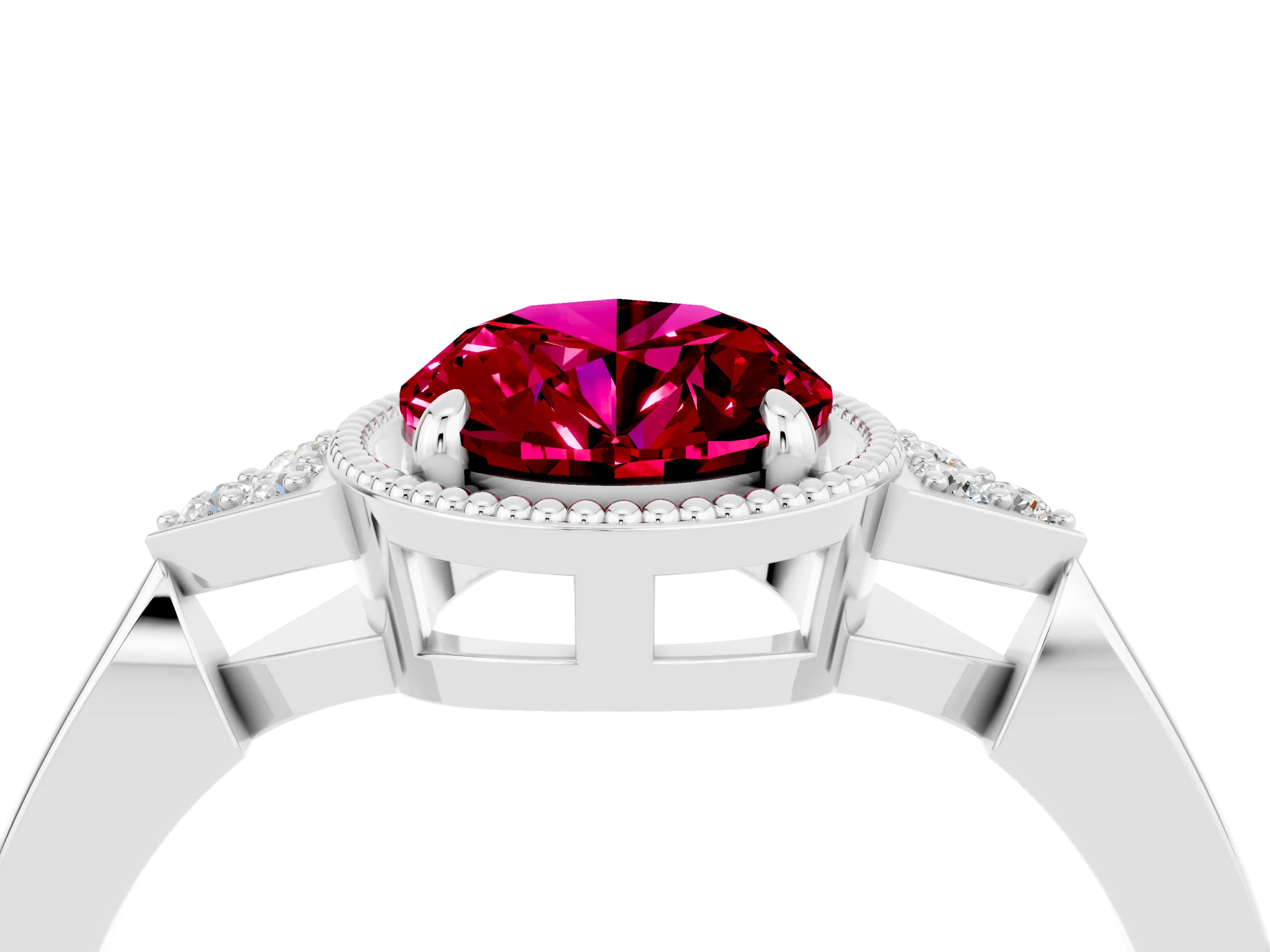 White gold Oval Cut Garnet Halo Ring with Tapered Band and Four-Prong Setting_4