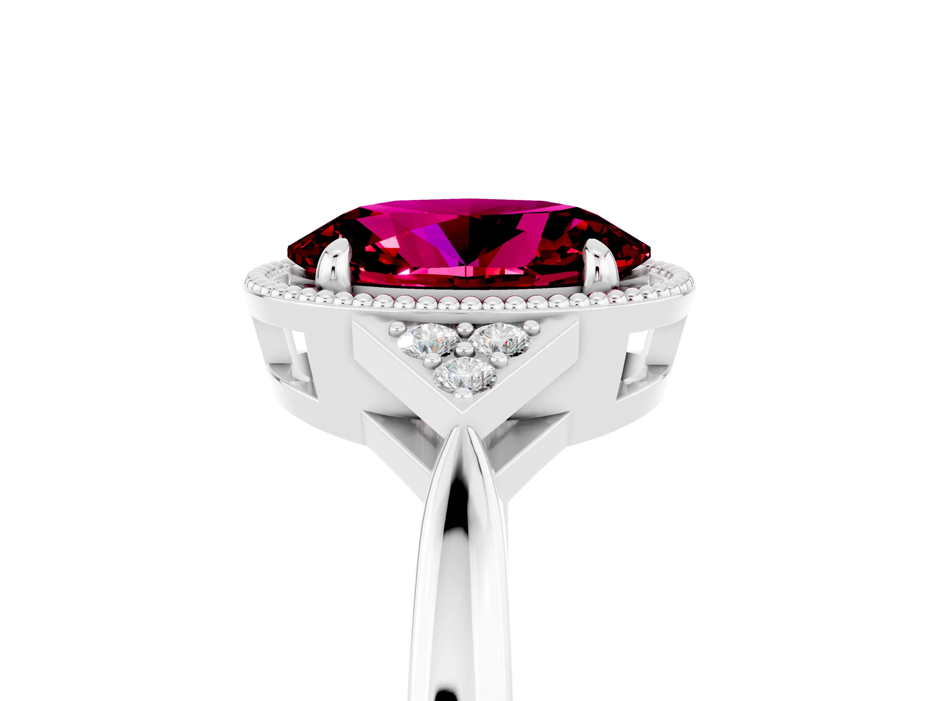 White gold Oval Cut Garnet Halo Ring with Tapered Band and Four-Prong Setting_5