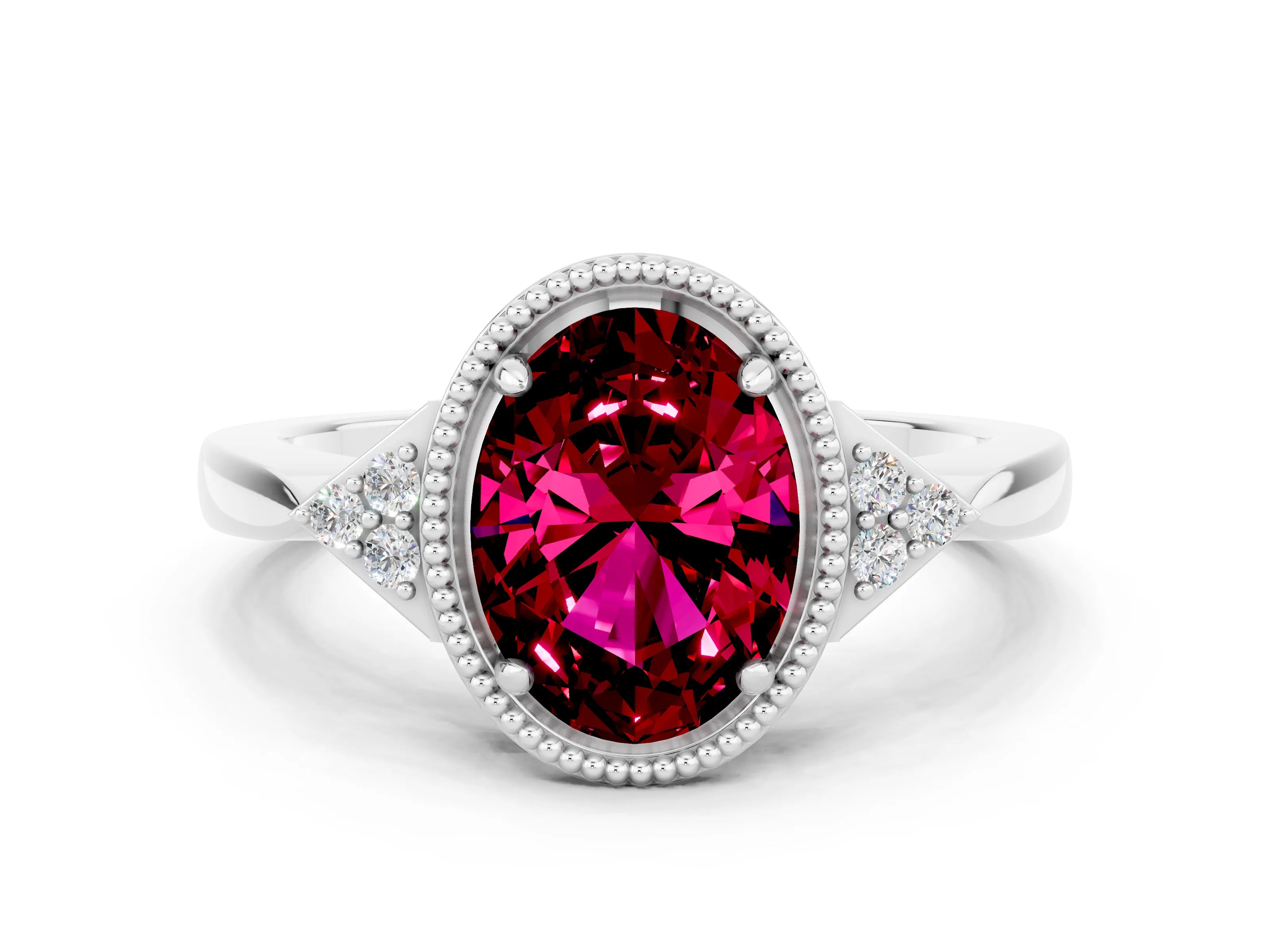 White gold Oval Cut Garnet Halo Ring with Tapered Band and Four-Prong Setting
