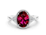 White gold Oval Cut Garnet Halo Ring with Tapered Band and Four-Prong Setting