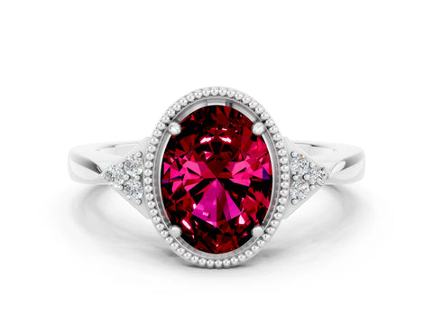 White gold Oval Cut Garnet Halo Ring with Tapered Band and Four-Prong Setting