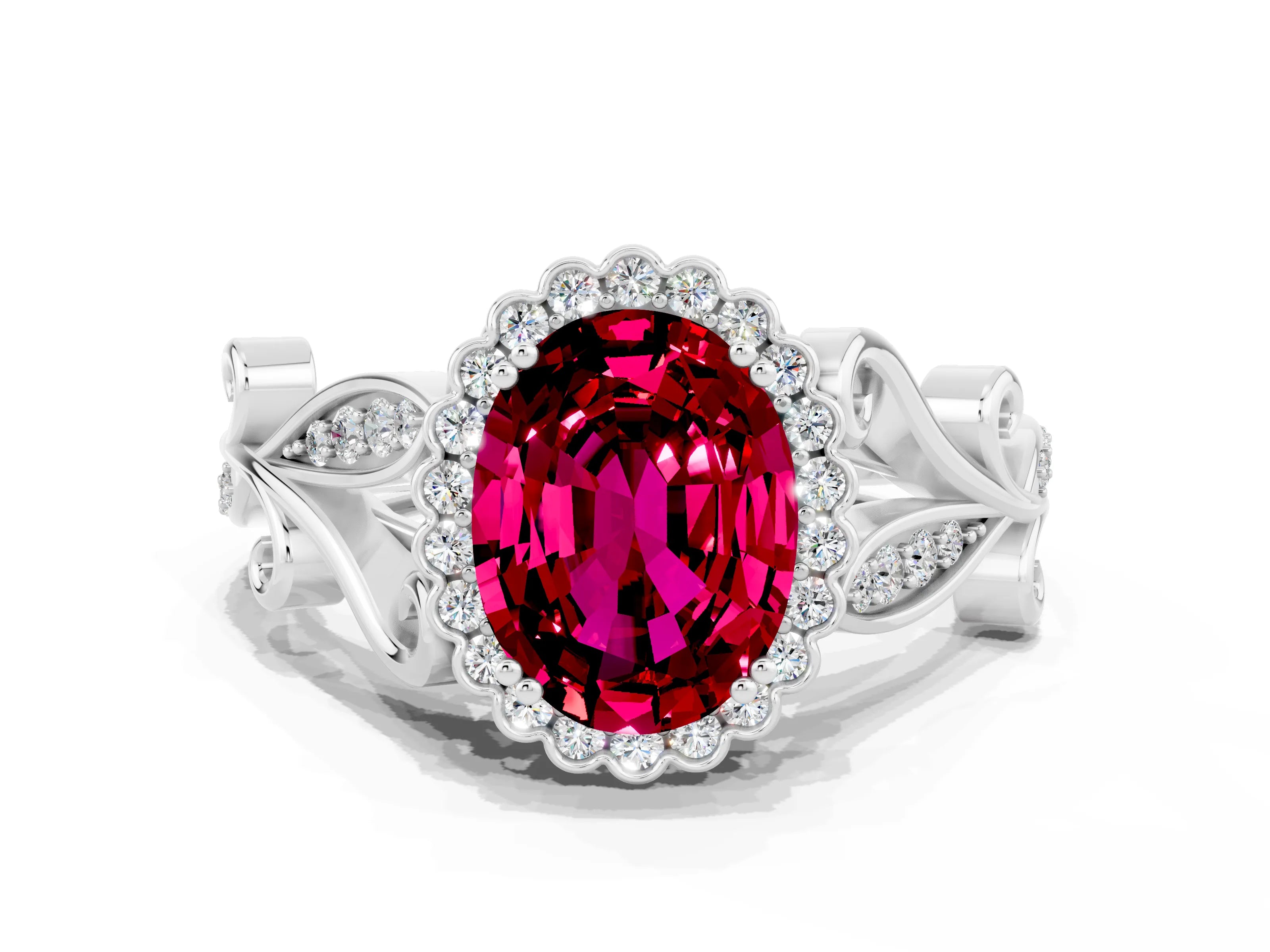 White gold Oval Cut Garnet Halo Ring with Vintage Split Shank and Four-Prong Setting_24