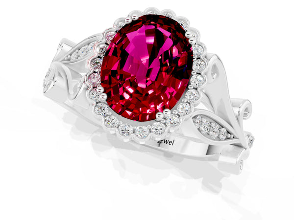 Silver Oval Cut Garnet Halo Ring with Vintage Split Shank and Four-Prong Setting