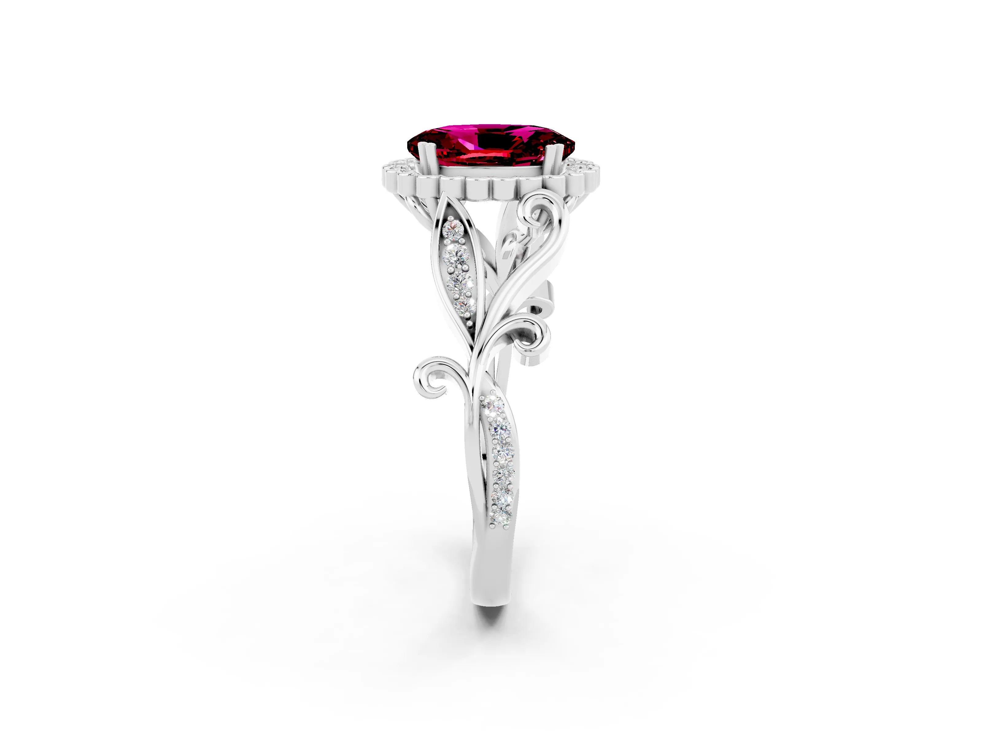 White gold Oval Cut Garnet Halo Ring with Vintage Split Shank and Four-Prong Setting_26