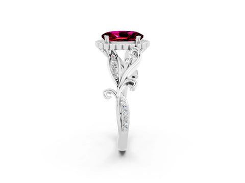 White gold Oval Cut Garnet Halo Ring with Vintage Split Shank and Four-Prong Setting_26