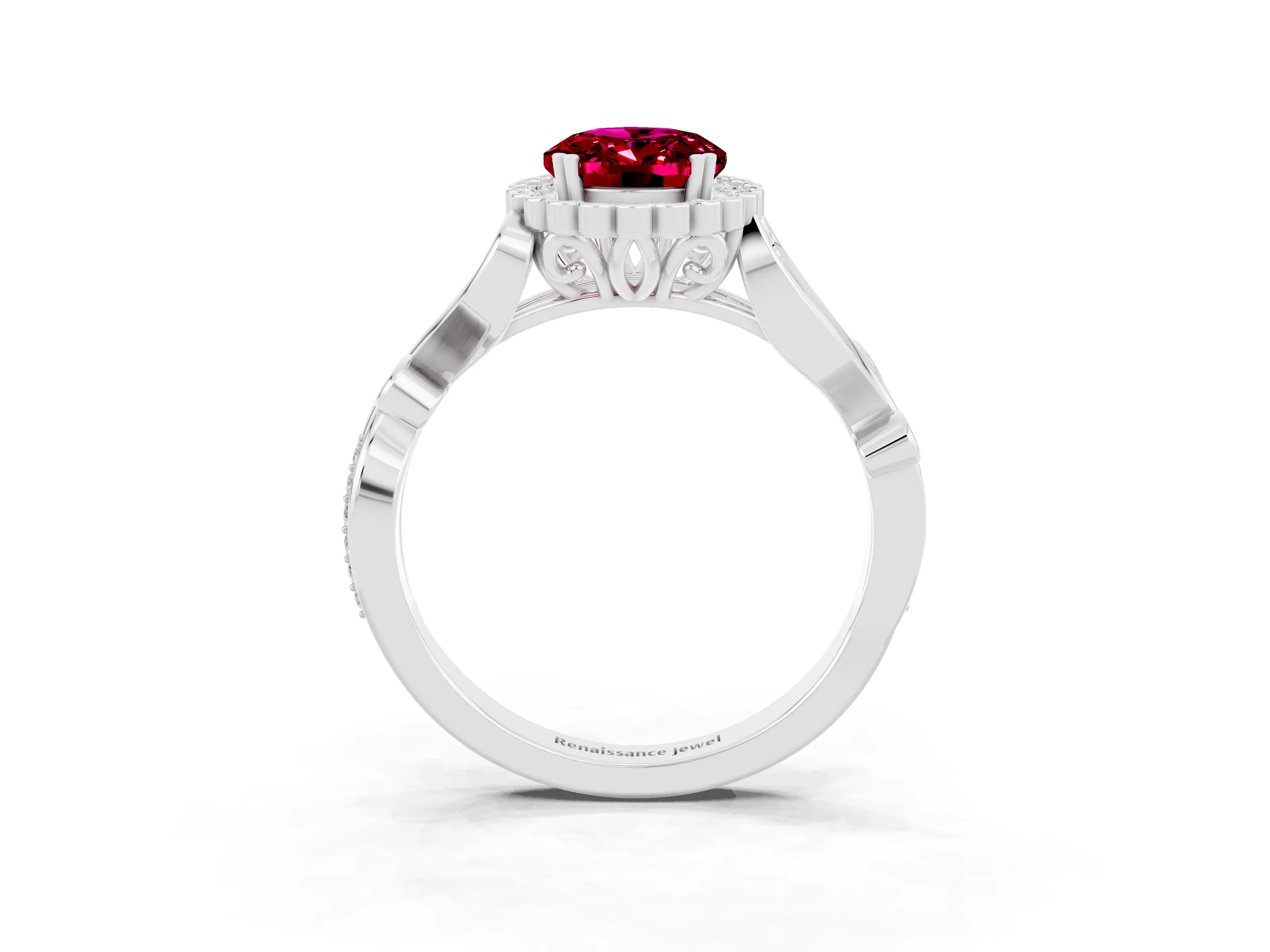 White gold Oval Cut Garnet Halo Ring with Vintage Split Shank and Four-Prong Setting_27