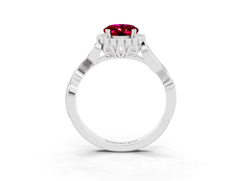 White gold Oval Cut Garnet Halo Ring with Vintage Split Shank and Four-Prong Setting_27
