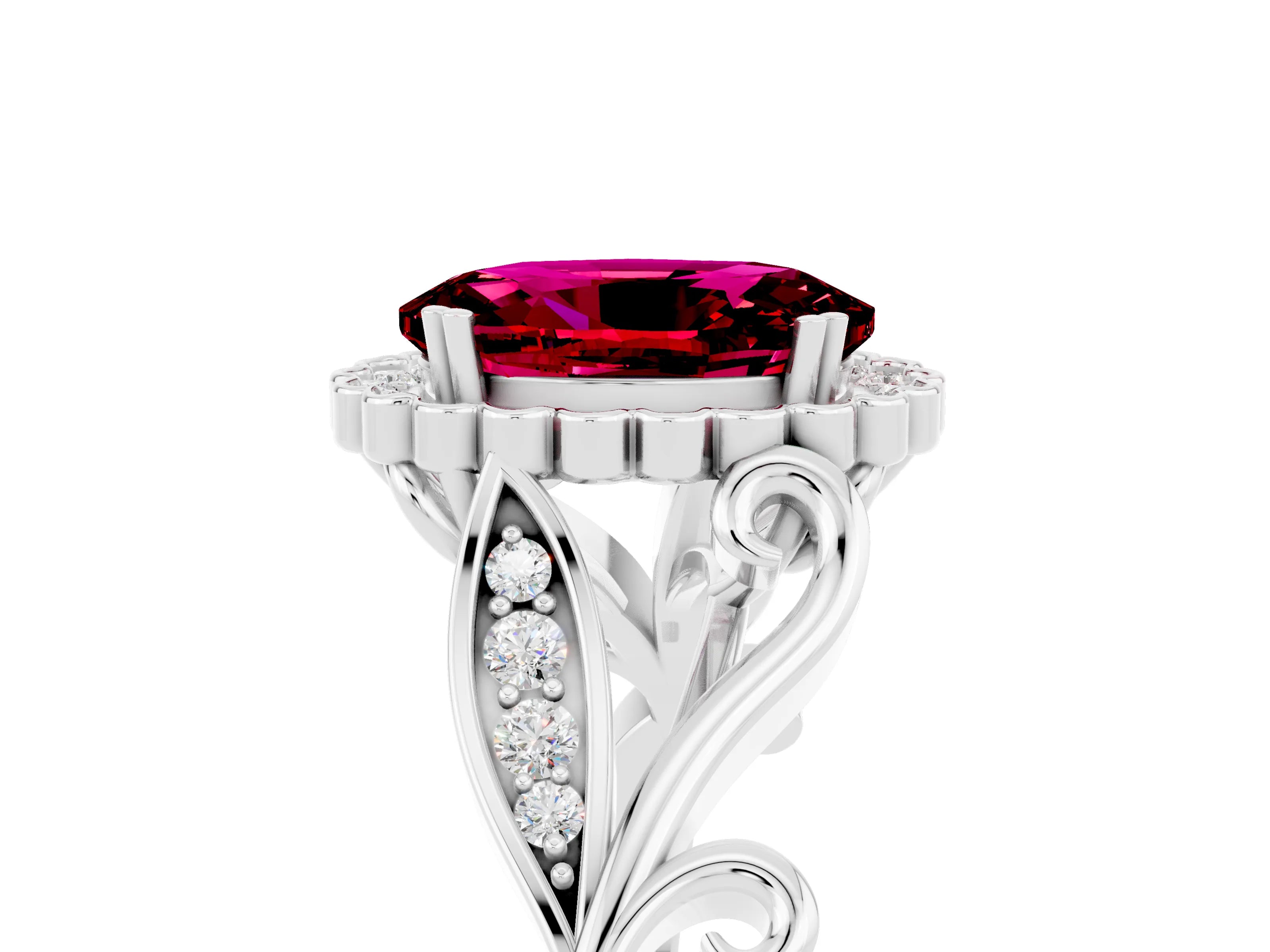 White gold Oval Cut Garnet Halo Ring with Vintage Split Shank and Four-Prong Setting_29