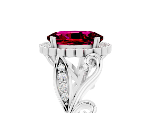 White gold Oval Cut Garnet Halo Ring with Vintage Split Shank and Four-Prong Setting_29