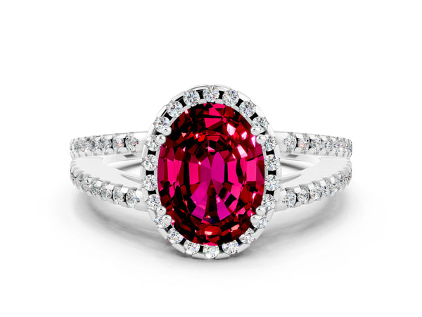 Silver Oval Cut Garnet Halo Split Shank Engagement Ring